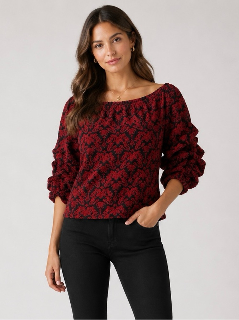 RARE Coco Bianco Red Textured Jacquard Puff Sleeve Off-The-Shoulder Blouse Top